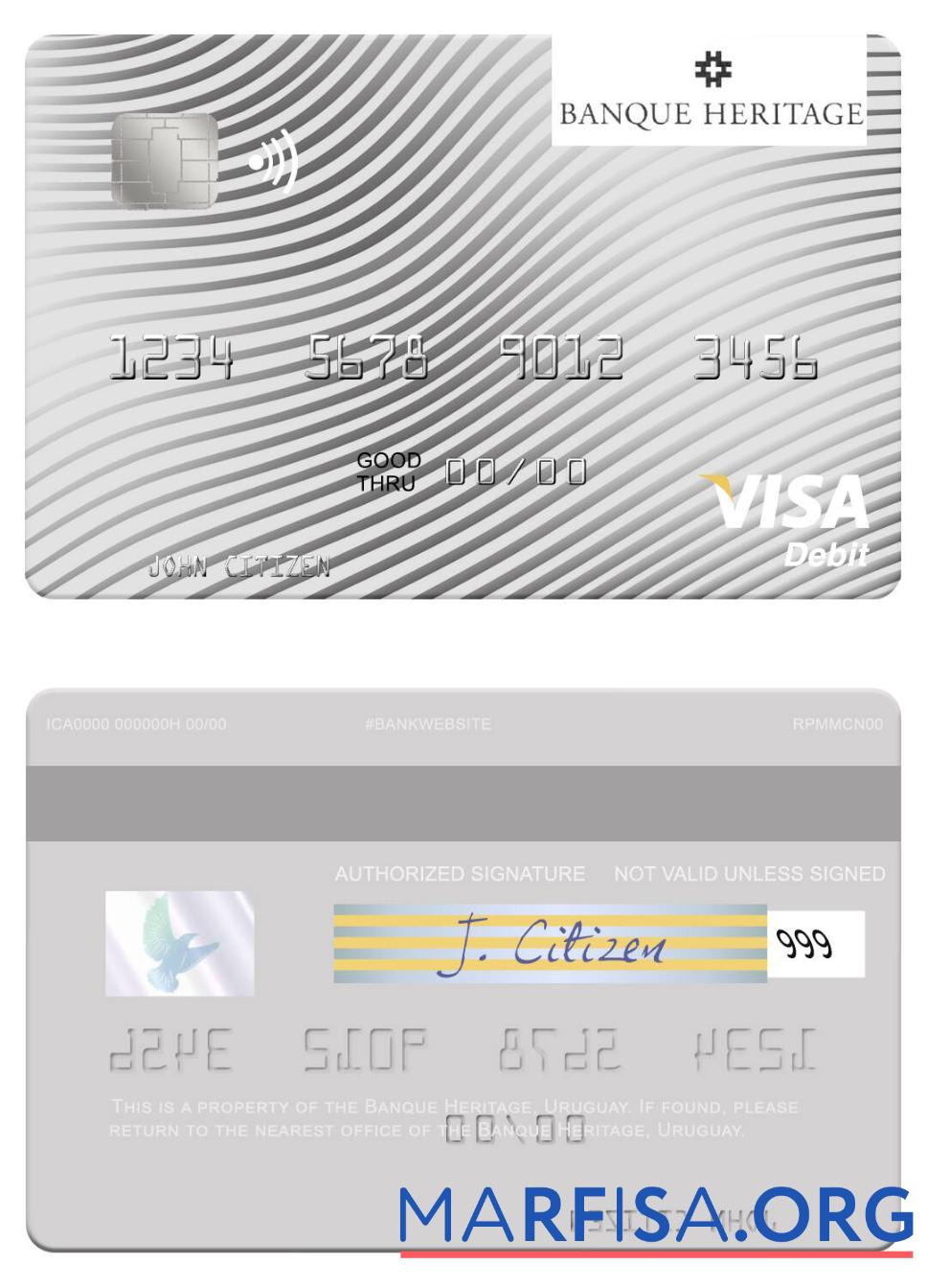 Realistic Uruguay Banque Heritage visa debit card example